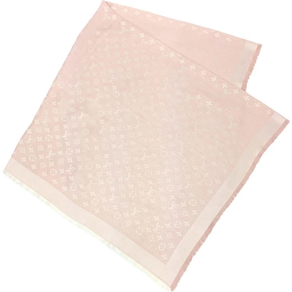 Auth Louis Vuitton Rose Pink Cream Monogram Denim Shawl Silk Wool Wrap Preloved - Picture 3 of 16
